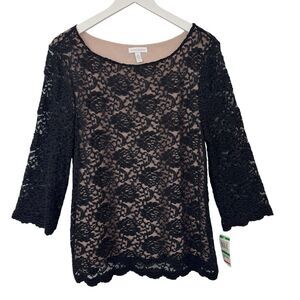 Charter Club Black Lace Pink Lined Top Romantic Stretch Lightweight Large NEW